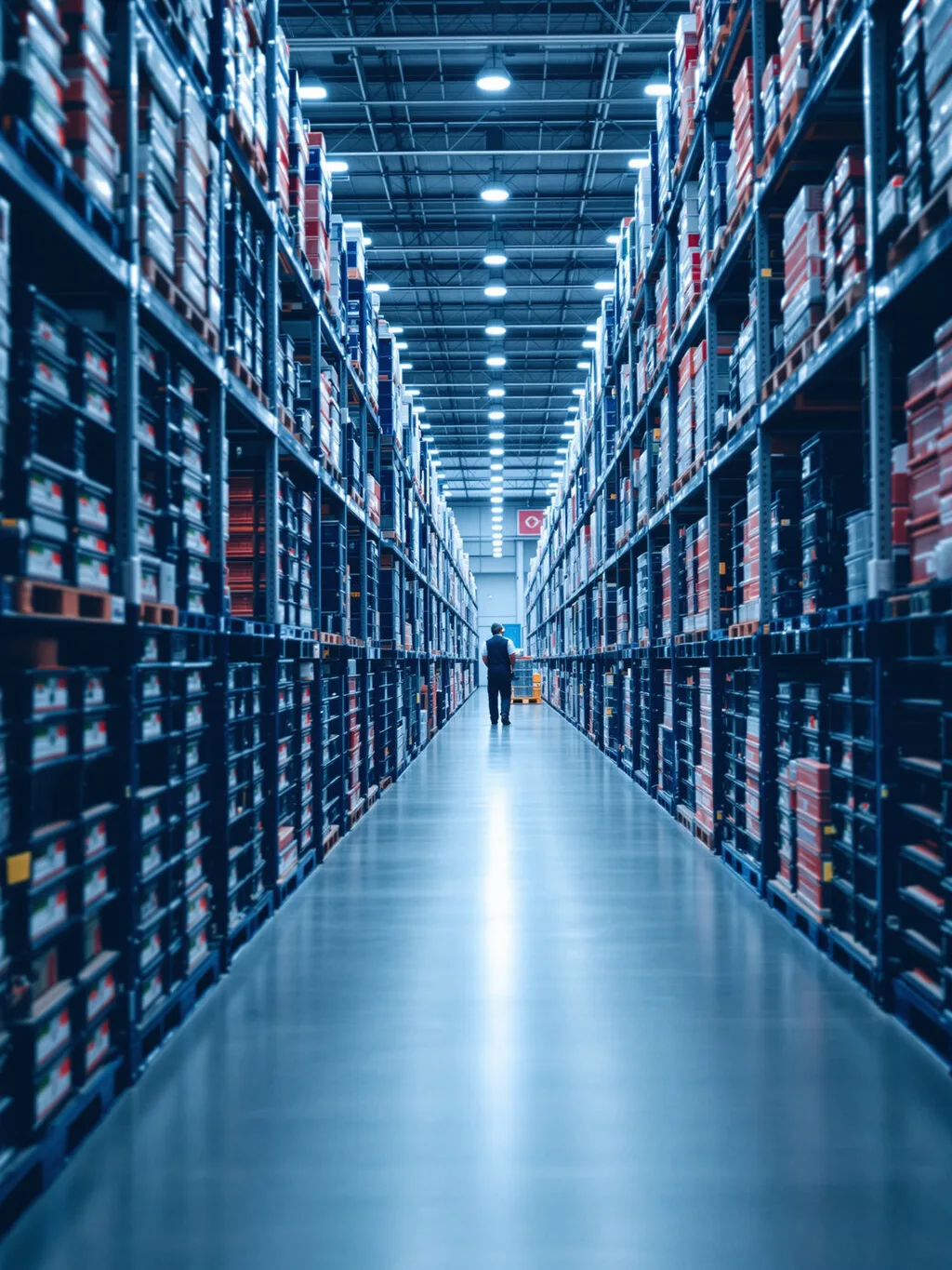 A long warehouse aisle lined with shelves of boxed supplies